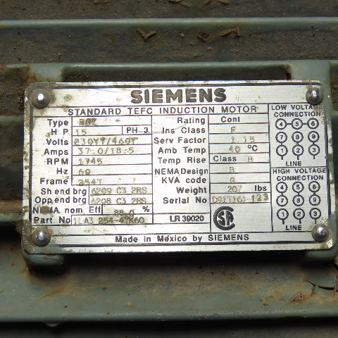 Siemens 1LA3 254-4-KY60 3Ph 15Hp RQZ TEFC Induction AC Motor 230/460V 254T Frame