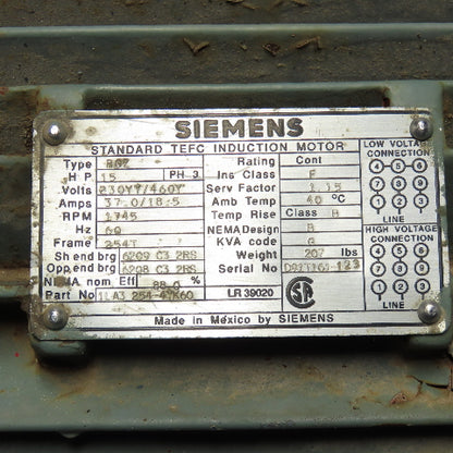 Siemens 1LA3 254-4-KY60 3Ph 15Hp RQZ TEFC Induction AC Motor 230/460V 254T Frame