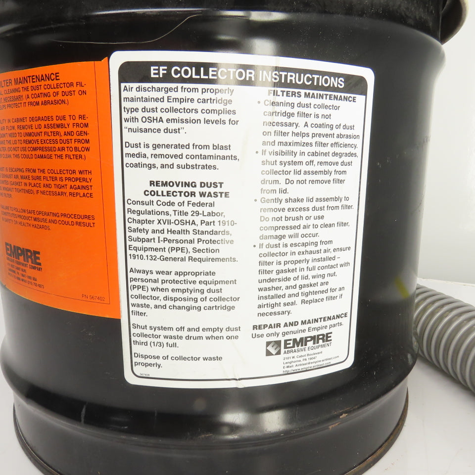 Empire 10 Gallon EF Dust Fume Collector 120V Single Phase 7' Hose Tested