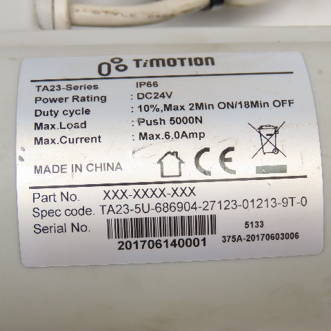 TiMotion TA23 Series Medical Lift Linear Actuator 24VDC 5000Nm Push 36" OAL