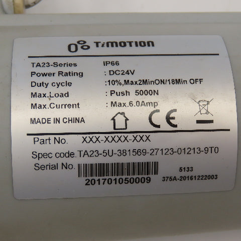 TiMotion TA-23 Series Actuator Cylinder 24VDC 5000N Push 24" OAL Parts/Repair