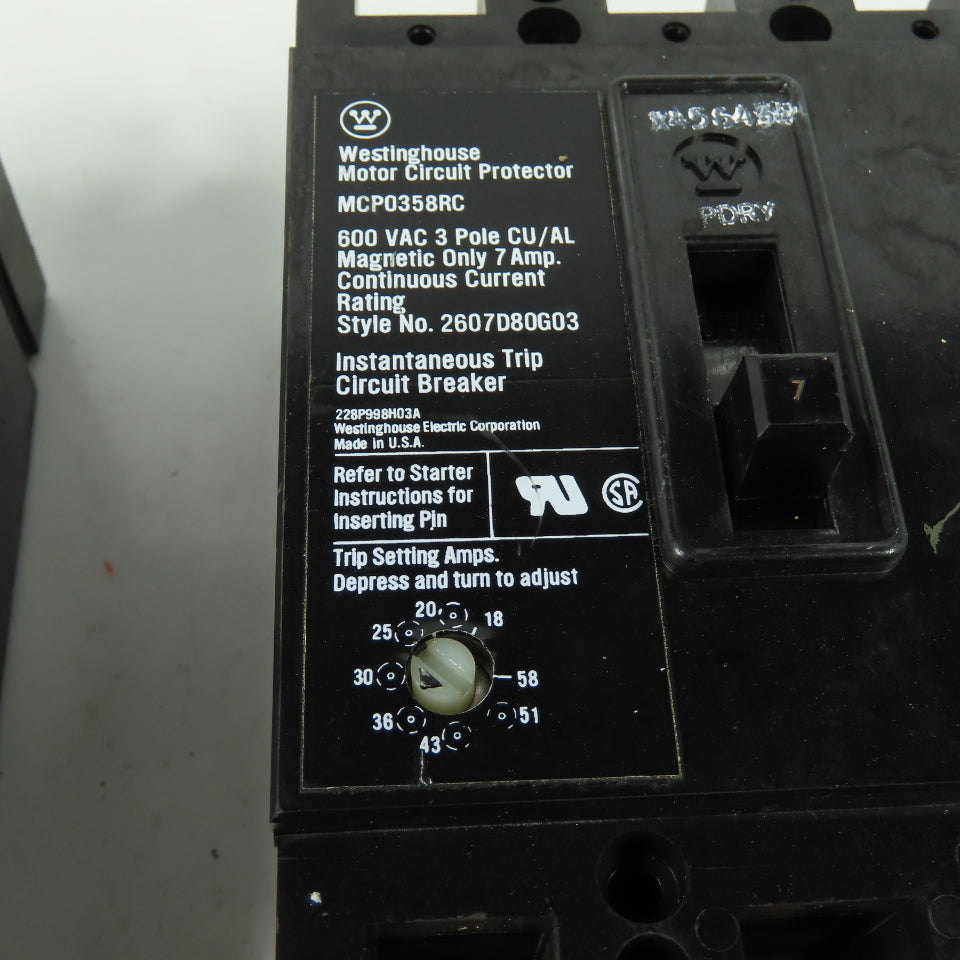 Westinghouse MCP0358RC 2607D80G03 600VAC 3-Pole Circuit breaker 7A Lot Of 2