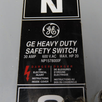 General Electric NP1578000F 600VAC 30A Fusible Safety Disconnect Switch 20HP