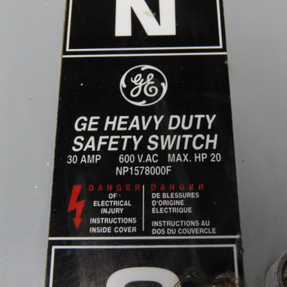 General Electric NP1578000F 600VAC 30A Fusible Safety Disconnect Switch 20HP