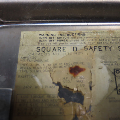 Square D H 321 NDS 30A Stainless Fusible Safety Disconnect Switch 3Ph 240VAC