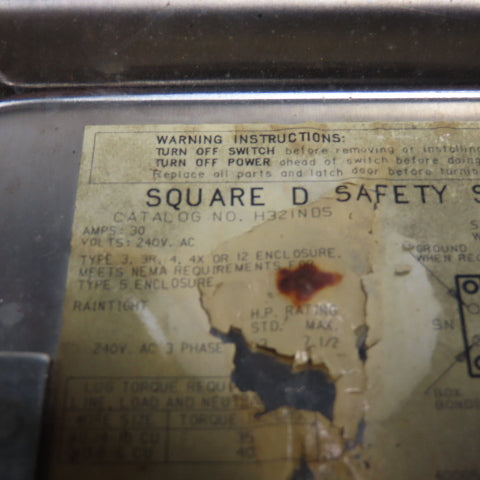 Square D H 321 NDS 30A Stainless Fusible Safety Disconnect Switch 3Ph 240VAC