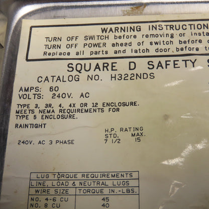 Square D H322NDS 60A Fusible Single Throw Stainless Safety Disconnect Switch