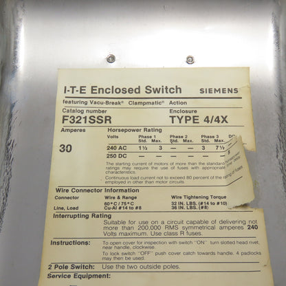 Siemens F321SSR 30A Stainless Steel Fusible Safety Disconnect Switch 240V