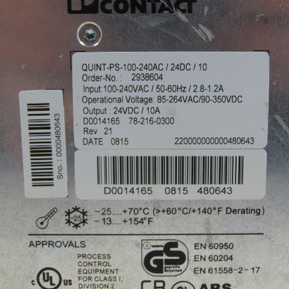 Phoenix Contact QUINT-PS-100-240AC 24VDC 10A Power Supply 100-240V 2.8-1.2A In