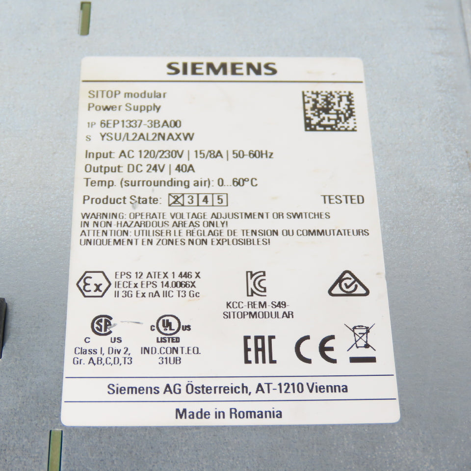 Siemens 6EP1337-3BA00 Sitop PSU100M 24V DC 40A Power Supply 120/230VAC Input