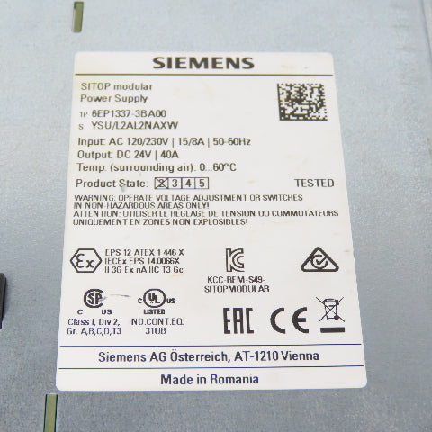 Siemens 6EP1337-3BA00 Sitop PSU100M 24V DC 40A Power Supply 120/230VAC Input