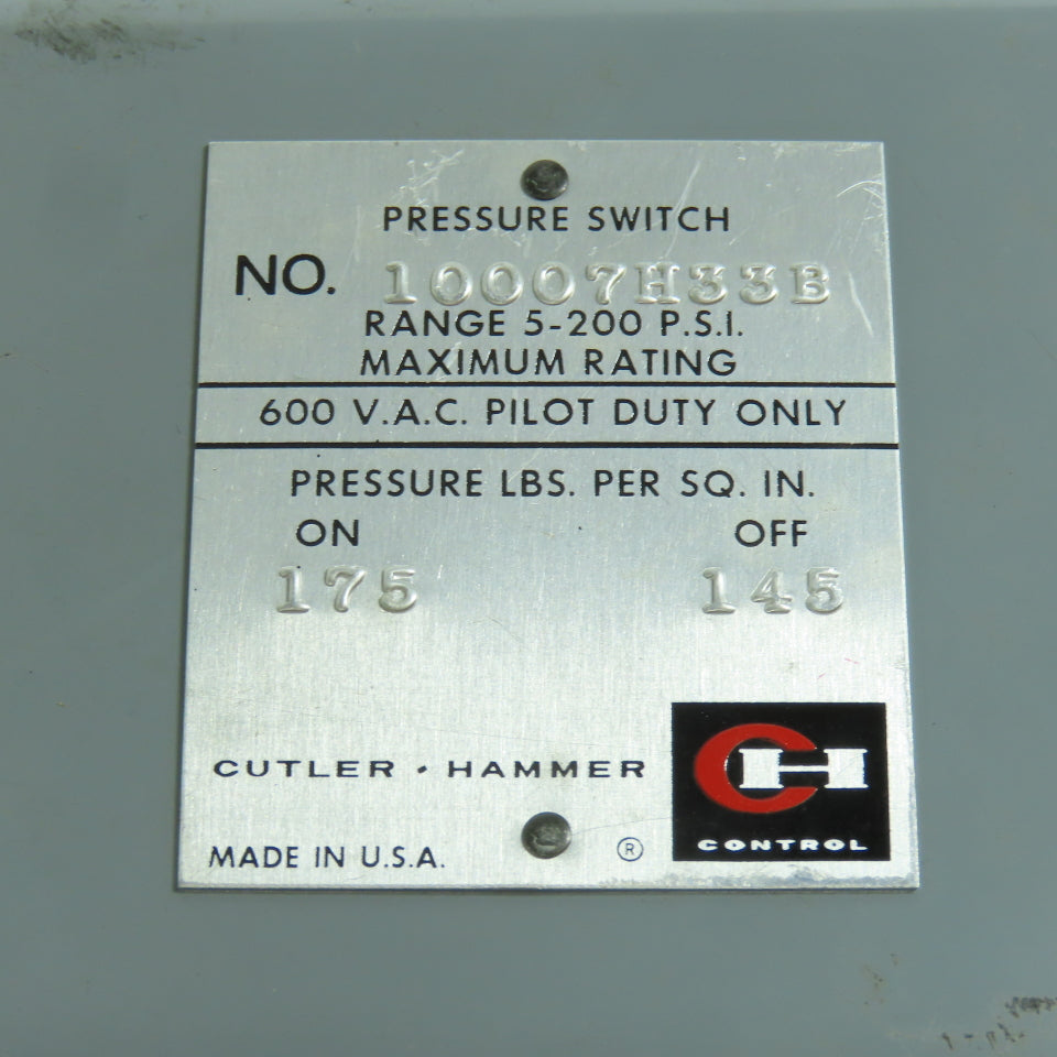 Cutler Hammer 10007H33B 5-200PSI Pressure Switch 600VAC 175 On/ 145 Off