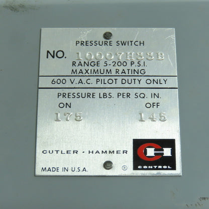 Cutler Hammer 10007H33B 5-200PSI Pressure Switch 600VAC 175 On/ 145 Off