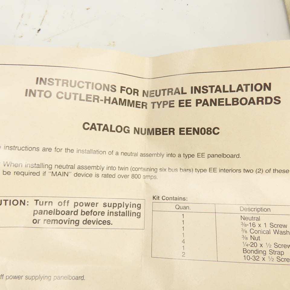 Cutler Hammer EEN08C Series A 800A 600V Neutral Kit Assembly For EE Panelboard