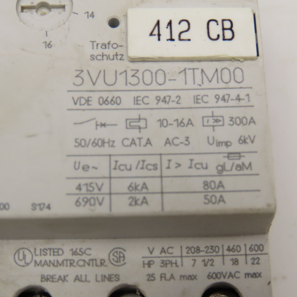 Siemens 3VU1300-1TM00 600V 22Hp 3Ph Max Motor Starter Overload 10-16A Trip