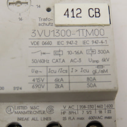 Siemens 3VU1300-1TM00 600V 22Hp 3Ph Max Motor Starter Overload 10-16A Trip