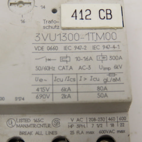 Siemens 3VU1300-1TM00 600V 22Hp 3Ph Max Motor Starter Overload 10-16A Trip