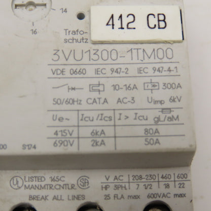 Siemens 3VU1300-1TM00 600V 22Hp 3Ph Max Motor Starter Overload 10-16A Trip