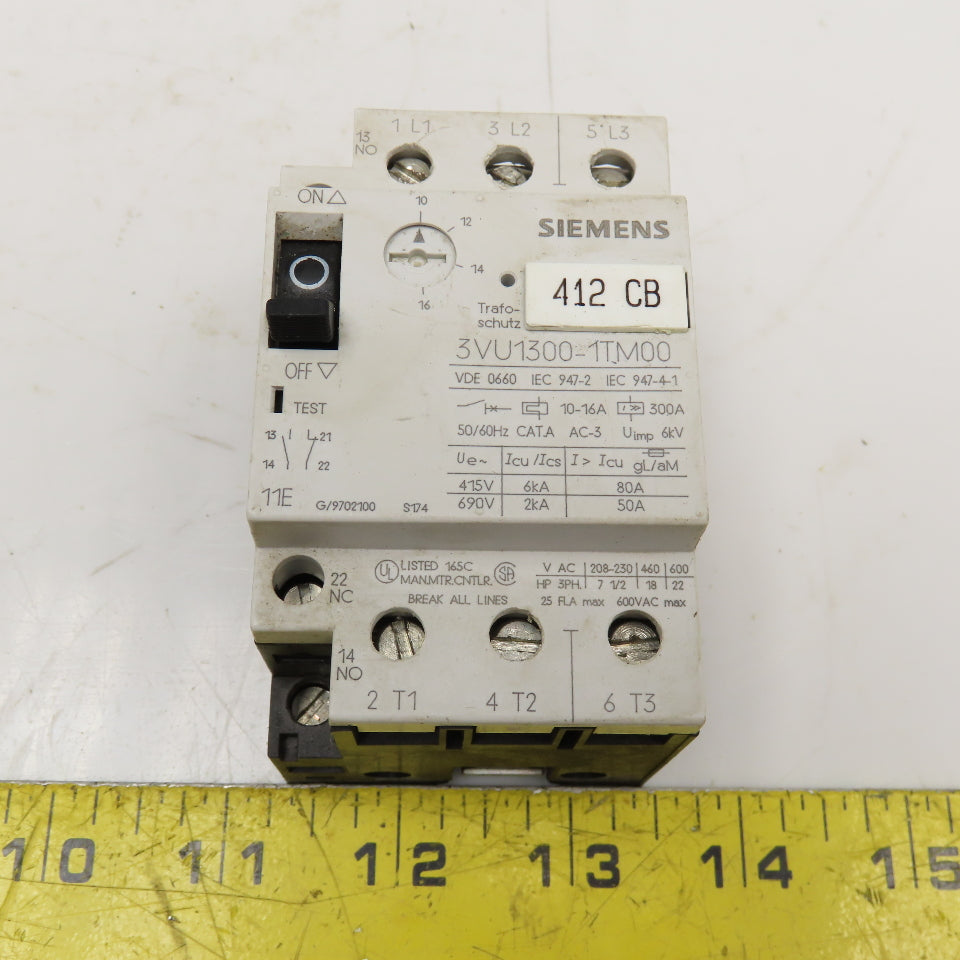 Siemens 3VU1300-1TM00 600V 22Hp 3Ph Max Motor Starter Overload 10-16A Trip