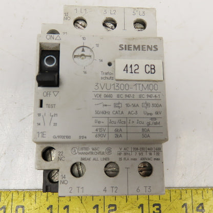 Siemens 3VU1300-1TM00 600V 22Hp 3Ph Max Motor Starter Overload 10-16A Trip