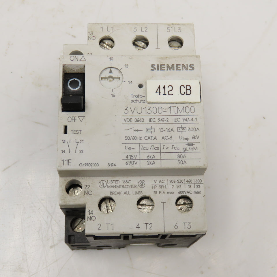 Siemens 3VU1300-1TM00 600V 22Hp 3Ph Max Motor Starter Overload 10-16A Trip