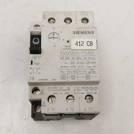 Siemens 3VU1300-1TM00 600V 22Hp 3Ph Max Motor Starter Overload 10-16A Trip