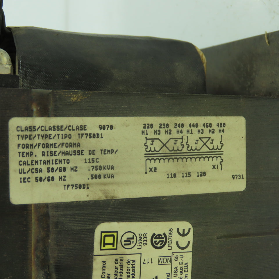 Square D TF750D1 1Ph Control Transformer 220/240-440/480V Pri 110/120VSec .75KVA