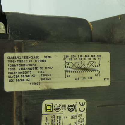 Square D TF750D1 1Ph Control Transformer 220/240-440/480V Pri 110/120VSec .75KVA