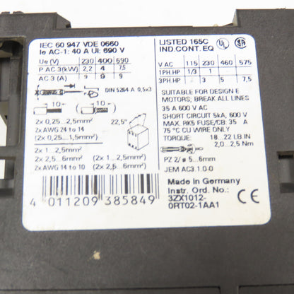 Siemens 3RT1023-3B 3ZX1012-0RT02-1AA1 Magnetic Contactor 600VAC 7.5Hp 24VDC Coil