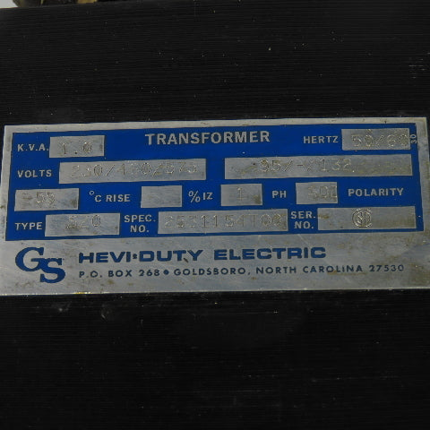 Hevi-Duty 2531154T00 SZO 1Ph Transformer 230/460/575V Pri 95-132V Sec 1KVA