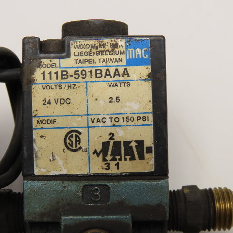 MAC 111B-591BAAA 3/2 Position Pneumatic Solenoid Valve 24VDC Coil 1/8" Ports