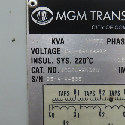 MGM AC370-E0370 34kVA Isolation HT Transformer Pri 480V Sec 480Y/277V 3PH Tested
