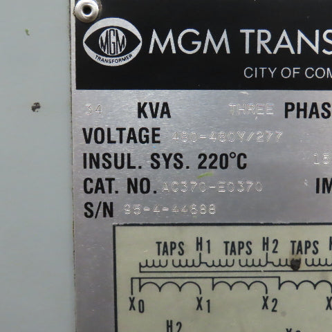 MGM AC370-E0370 34kVA Isolation HT Transformer Pri 480V Sec 480Y/277V 3PH Tested