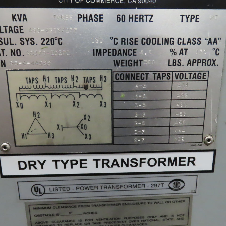 MGM AC370-E0370 34kVA Isolation HT Transformer Pri 480V Sec 480Y/277V 3PH Tested