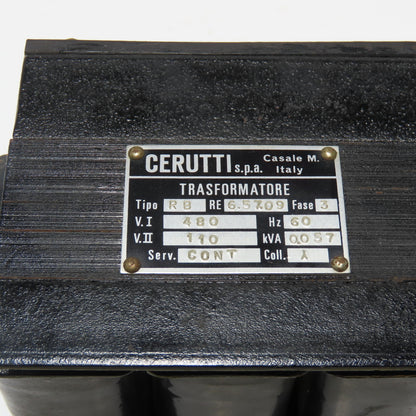Cerutti Type RB 0.057KVA Transformer 480V Pri 110V Sec RE 6.57.09 3Ph 60Hz