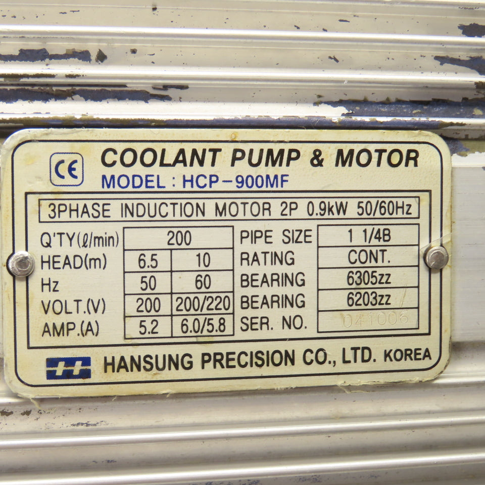 Hansung HCP-900MF 0.9kW Coolant Pump 200/220V 6.0/5.8A 3PH 200 l/min 10 Head(m)