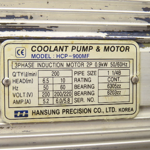 Hansung HCP-900MF 0.9kW Coolant Pump 200/220V 6.0/5.8A 3PH 200 l/min 10 Head(m)