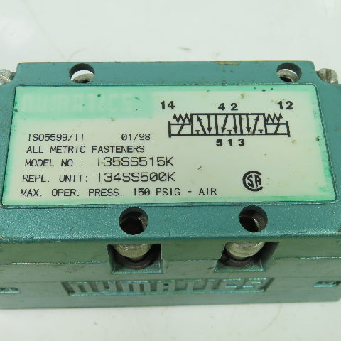 Numatics I35SS515K Pneumatic Solenoid Valve 150PSI 120V Coil I35SS515K Rep.