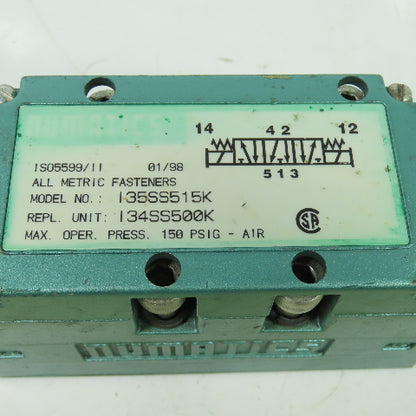 Numatics I35SS515K Pneumatic Solenoid Valve 150PSI 120V Coil I35SS515K Rep.