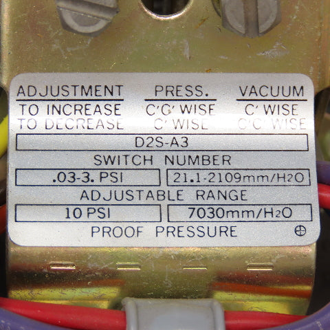 Barksdale D2S-A3 480V Max Pressure Switch 60Hz .03-.3PSI