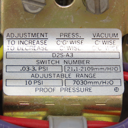Barksdale D2S-A3 480V Max Pressure Switch 60Hz .03-.3PSI