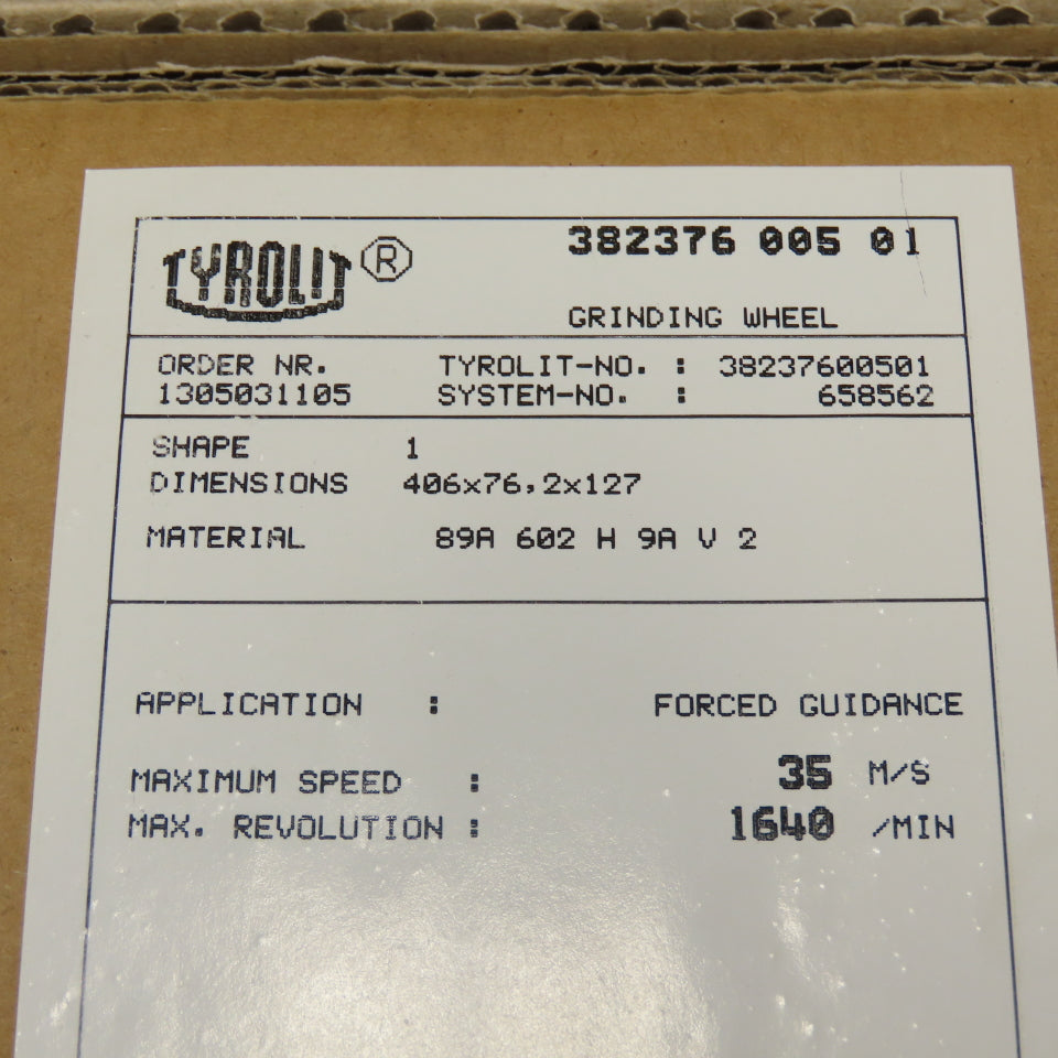 Tyrolit 38237600501 Grinding Wheel 16" x 3" 1640RPM 5" Arbor 89A 602 H 9A V 2