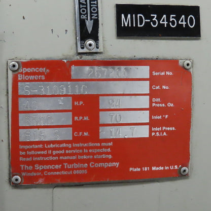Spencer S-310911C 40HP Multistage Centrifugal Blower 460V 3PH 515 CFM Tested