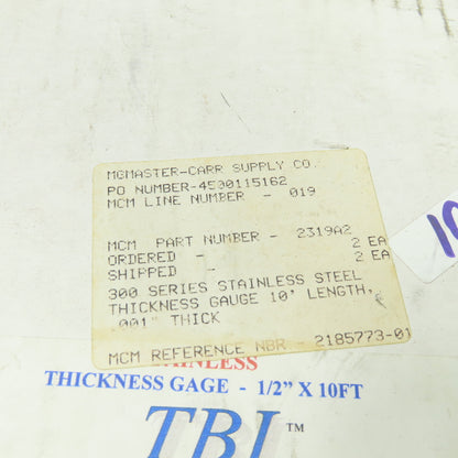 TBI ST-1 Stainless Steel Thickness Gage 1/2" W x 10' Length 0.001" Thickness