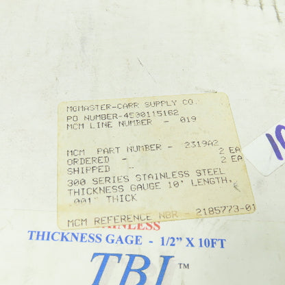 TBI ST-1 Stainless Steel Thickness Gage 1/2" W x 10' Length 0.001" Thickness