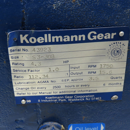 Koellmann Gear S3-308 112.34:1 Ratio Gear Reducer 15.7RPM Output 4.3Hp