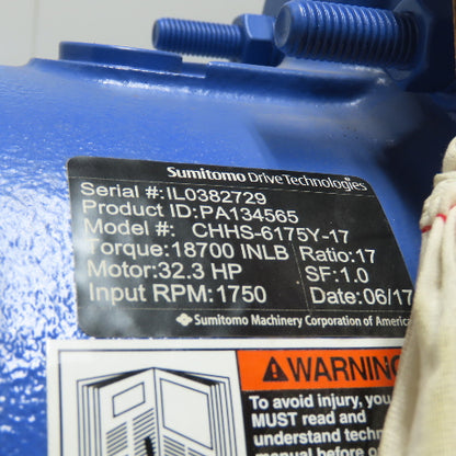Sumitomo Drive CHHS-6175Y-17 17:1 Inline Gear Reducer 102RPM Out PA134565