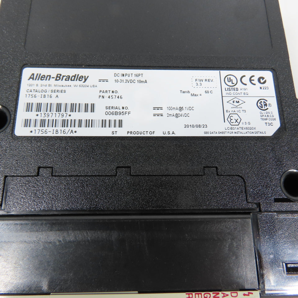 Allen Bradley 1756-IB16 Ser A 16 Point DC Input 10-31.2VDC F/W Rev 3.3