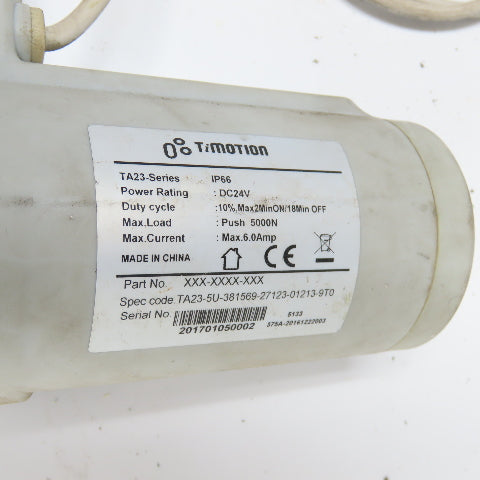 TiMotion TA23 Series Medical Lift Linear Actuator 24VDC 5000Nm Push 30" OAL