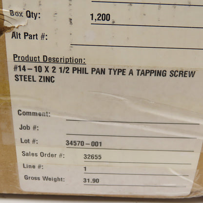 Brighton Best #14-10x2-1/2" Phillips Pan Head Steel Self Tapping Screws Zinc 33#